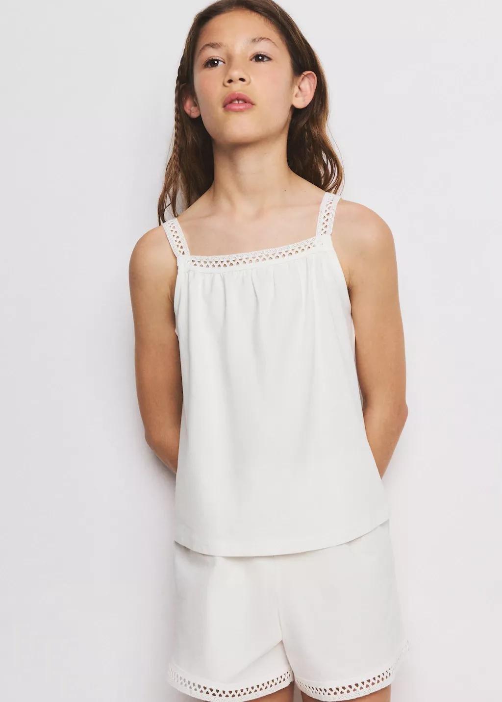 White Short Pyjamas With Openwork Details, Kids Girl, 0201_02, large image number 3