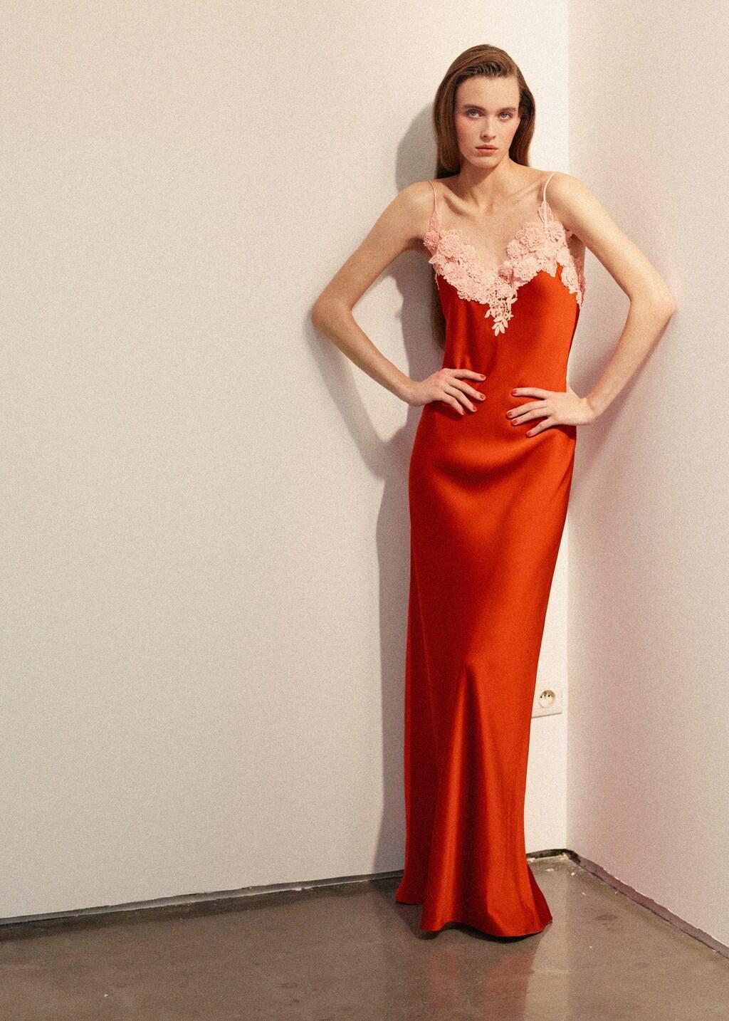 Orange Satin Dress With Floral Appliques, Orange, medium