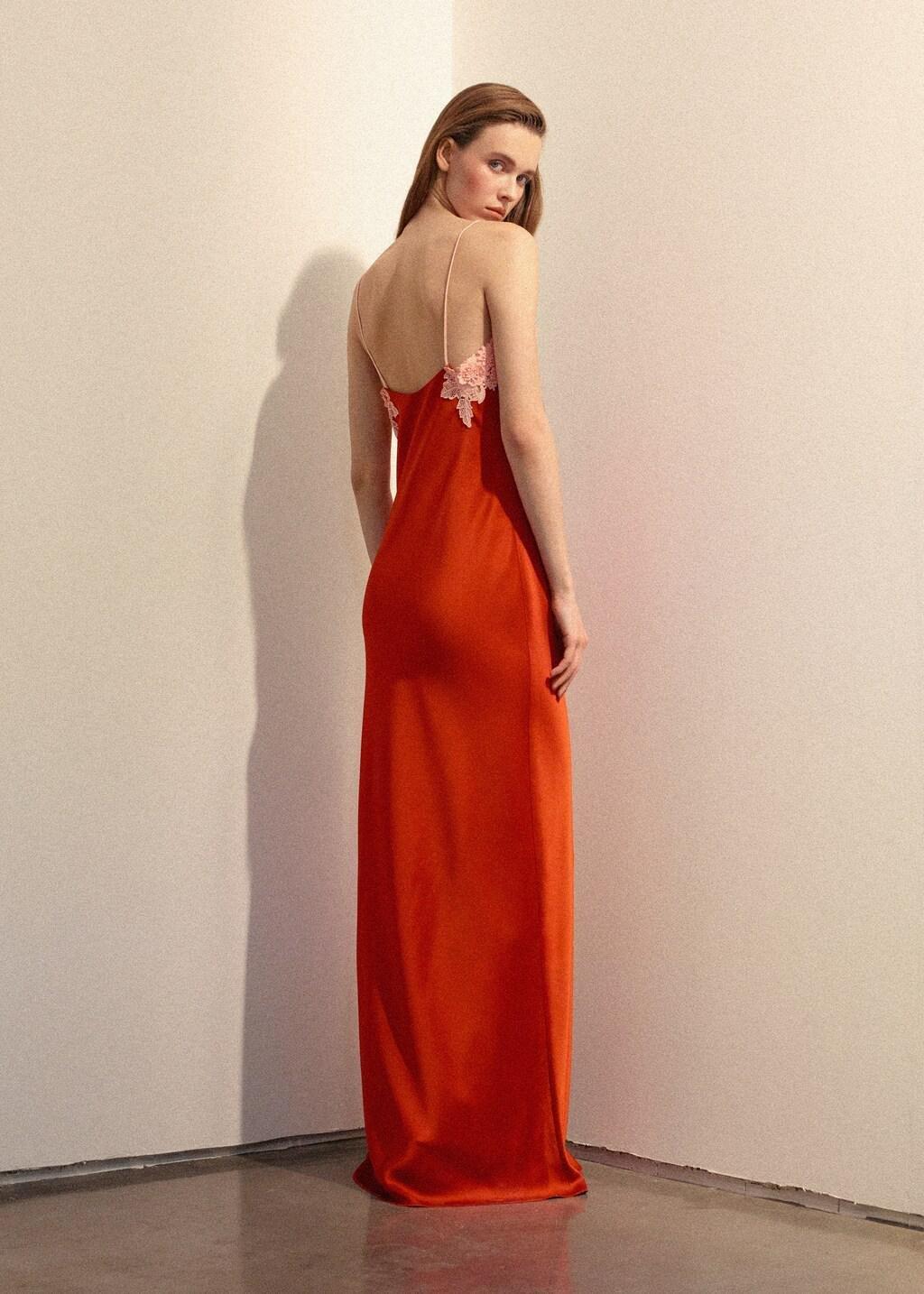 Orange Satin Dress With Floral Appliques, Orange, large image number 2