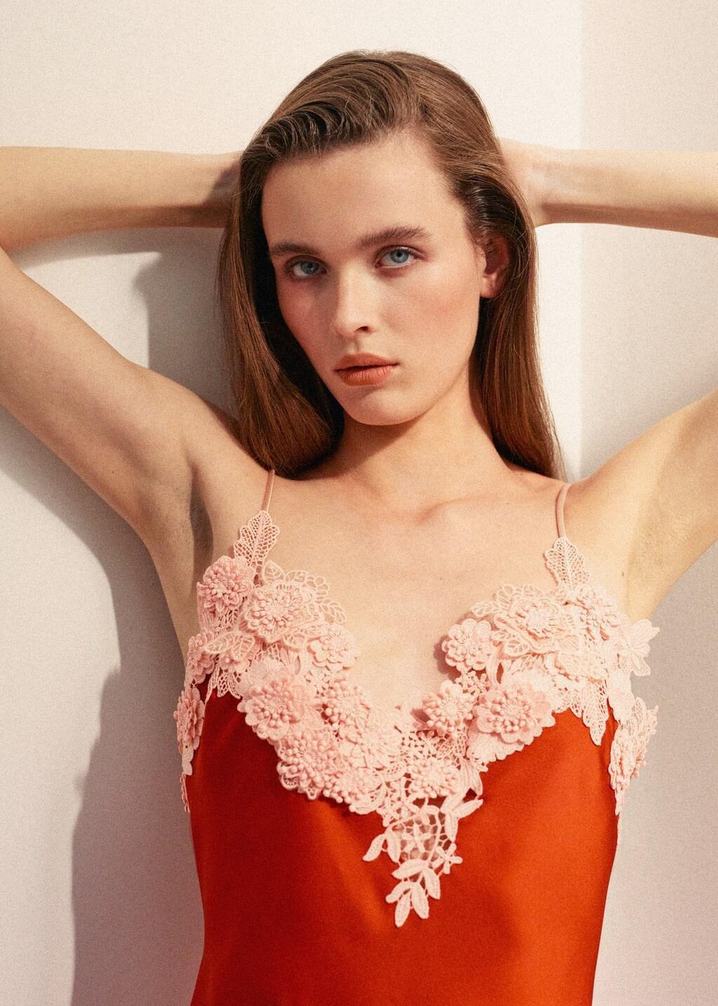 Orange Satin Dress With Floral Appliques, Orange, large image number 3