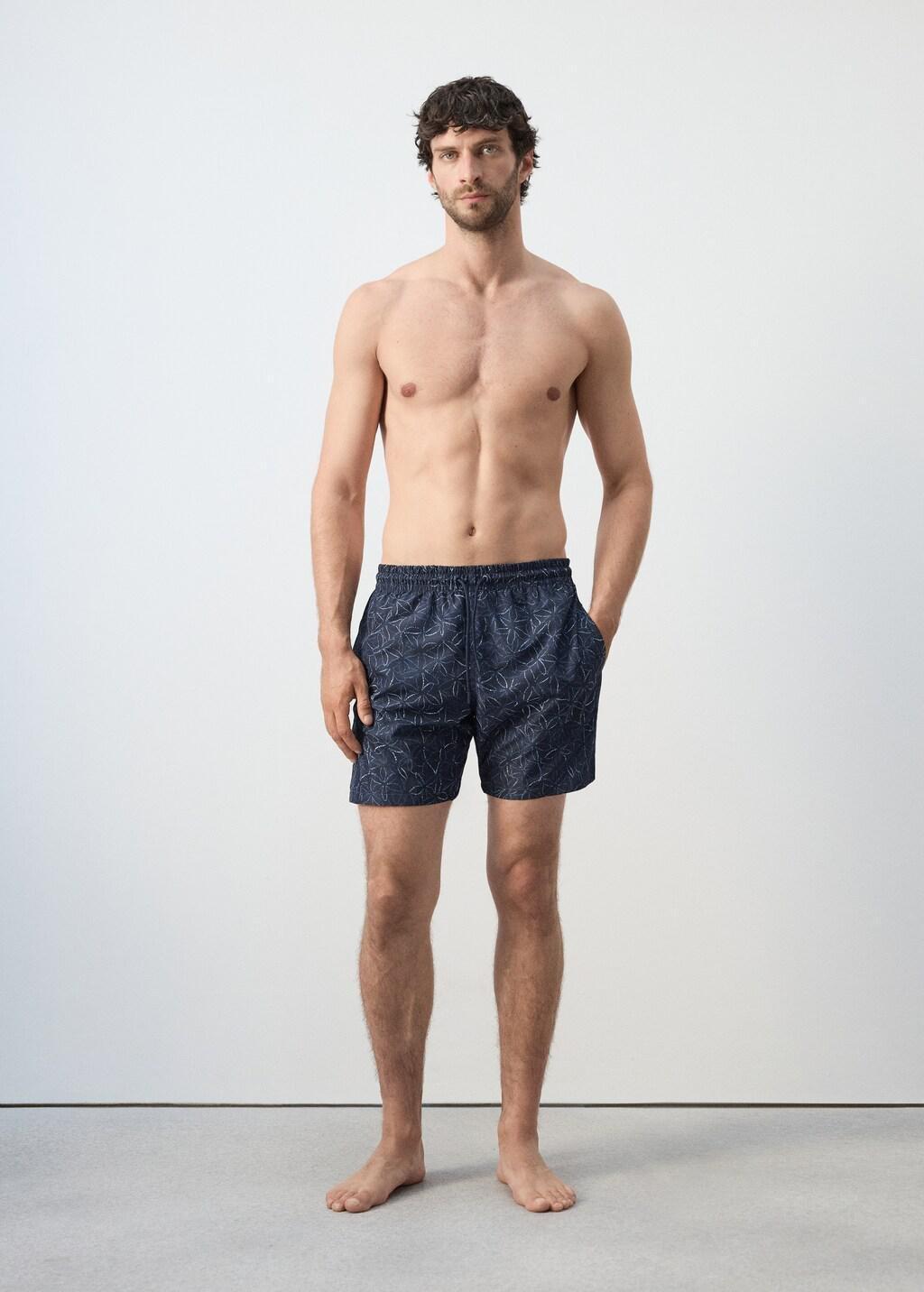 Navy Printed Swimsuit With Drawstring, Navy, large image number 0