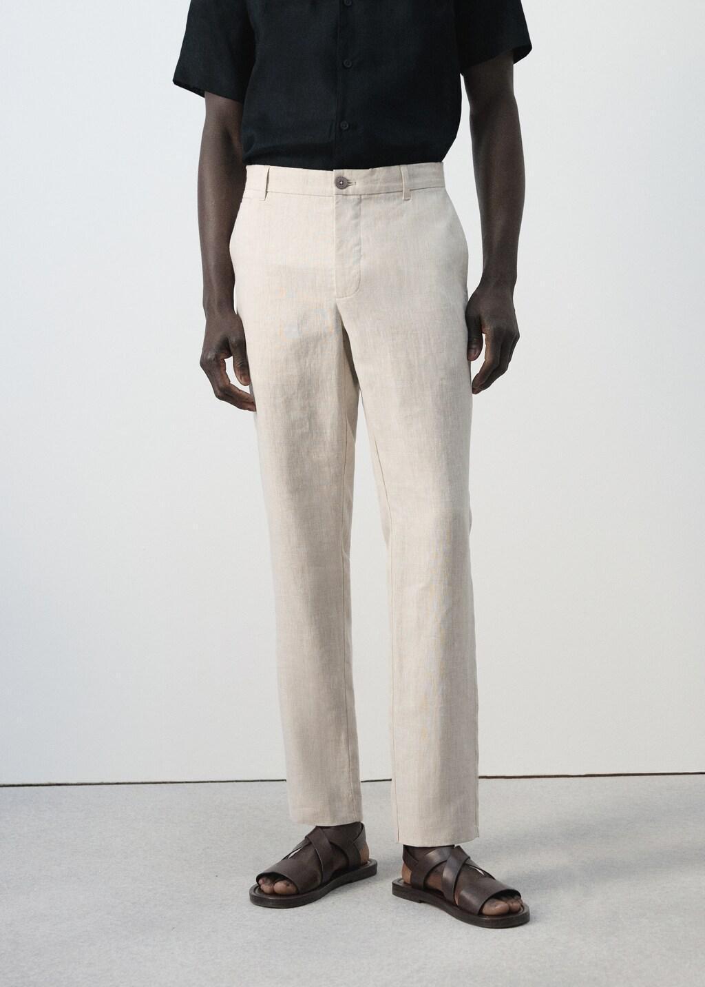 Beige Slim-Fit 100% Linen Trousers, Light Beige, large image number 3