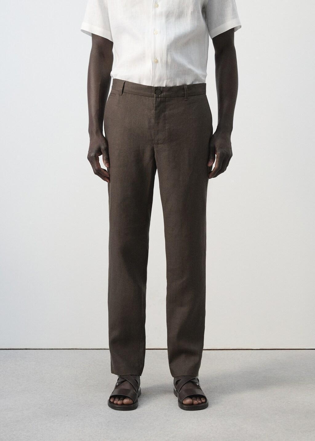 Brown Slim-Fit 100% Linen Trousers, Dark Brown, large image number 3
