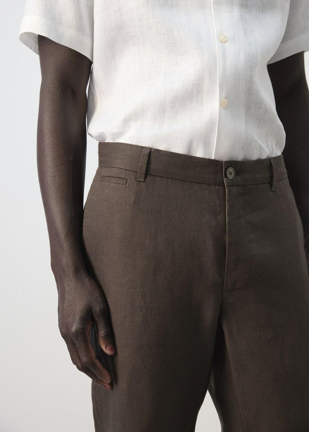 Brown Slim-Fit 100% Linen Trousers, Dark Brown, large image number 4