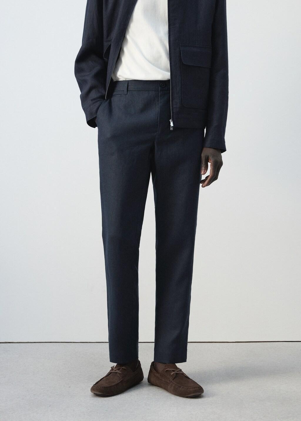 Navy Slim-Fit 100% Linen Trousers, Navy, large image number 3