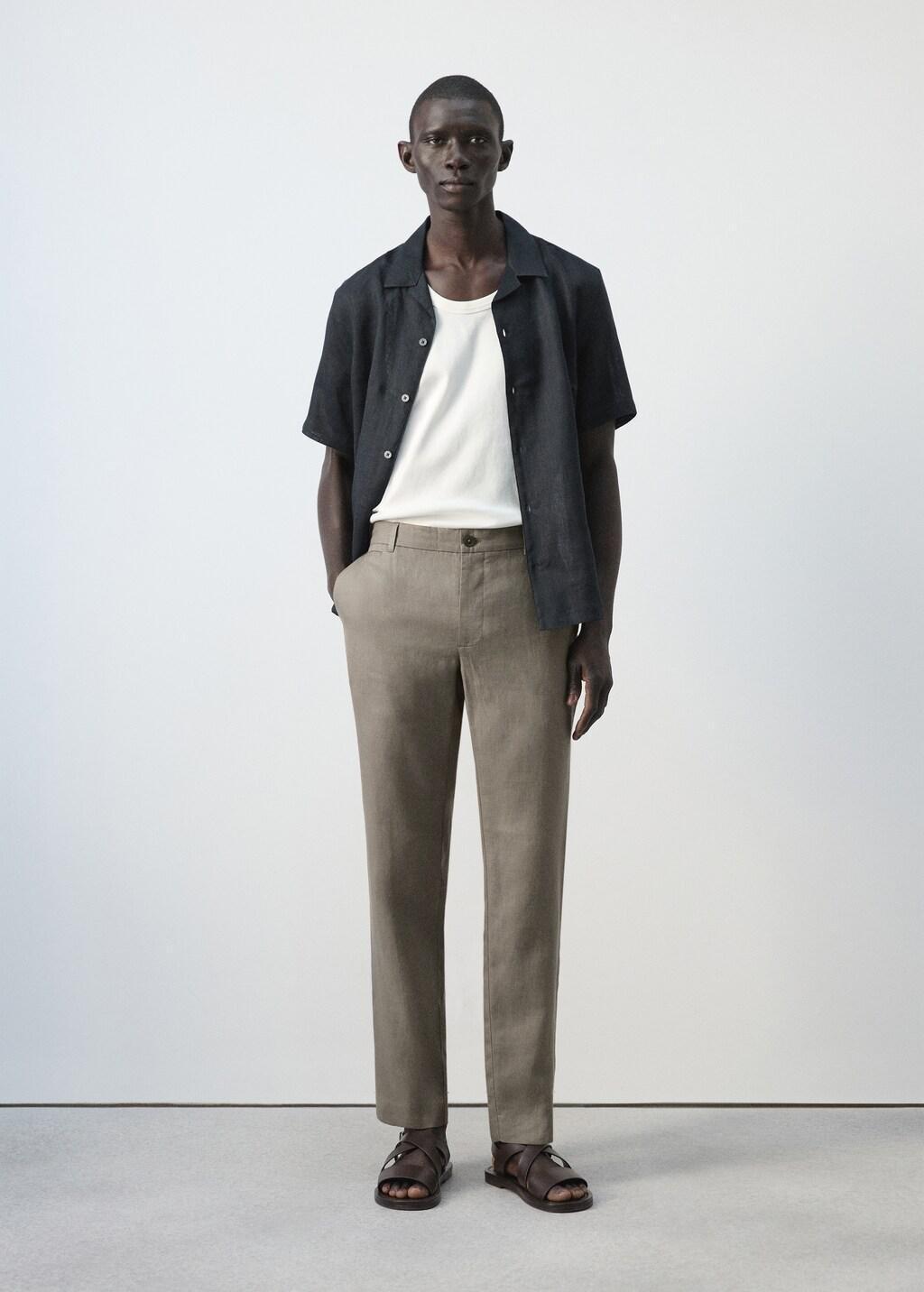 Grey Slim-Fit 100% Linen Trousers, Medium Grey, large image number 0