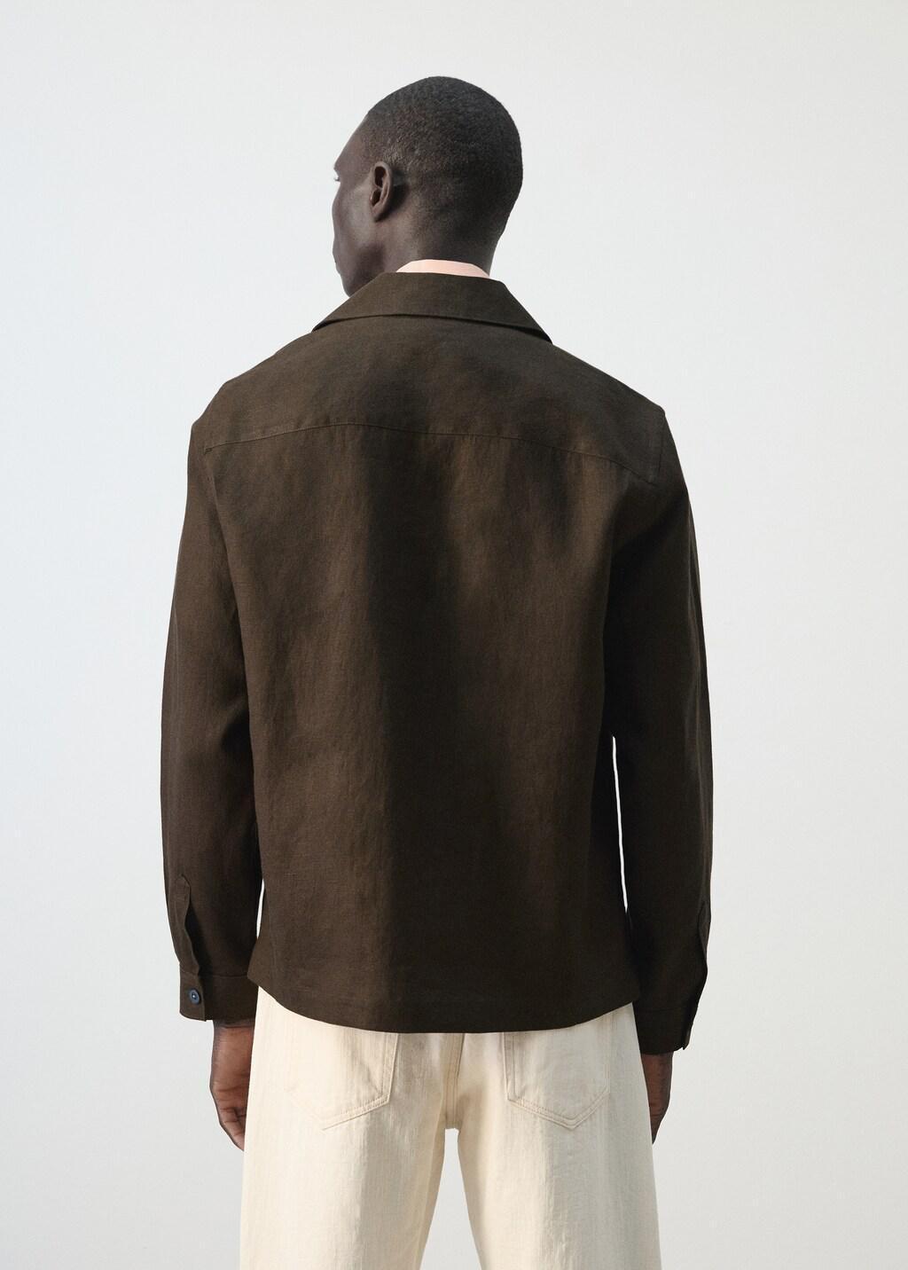 Brown Bowling Collar Overshirt 100% Linen, Dark Brown, large image number 2