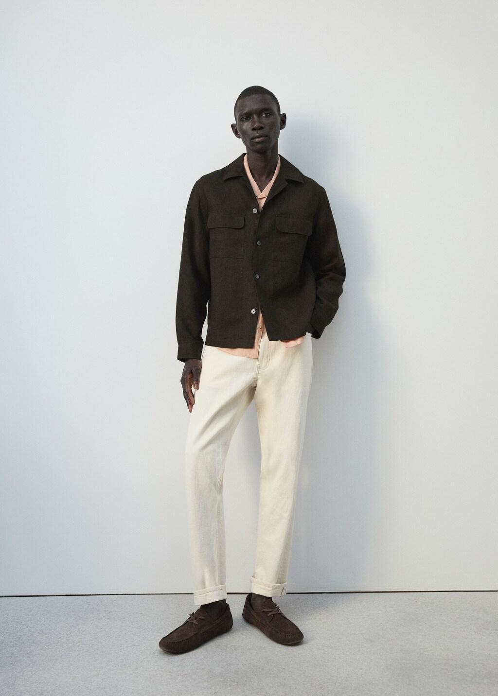 Brown Bowling Collar Overshirt 100% Linen, Dark Brown, large image number 4