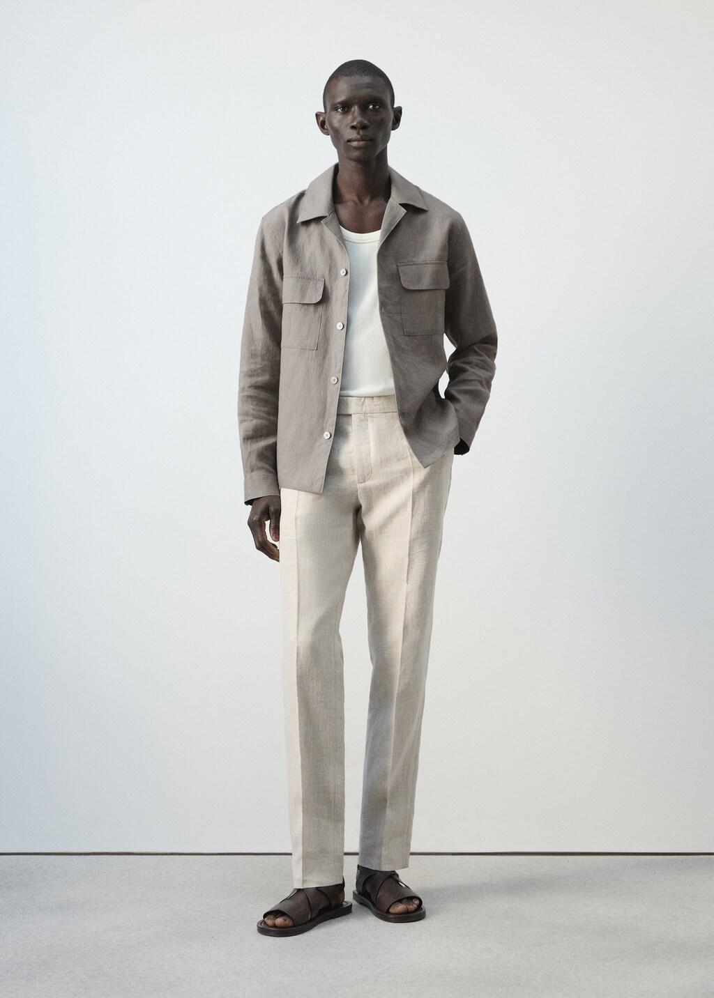 Brown Bowling Collar Overshirt 100% Linen, Medium Brown, large image number 0