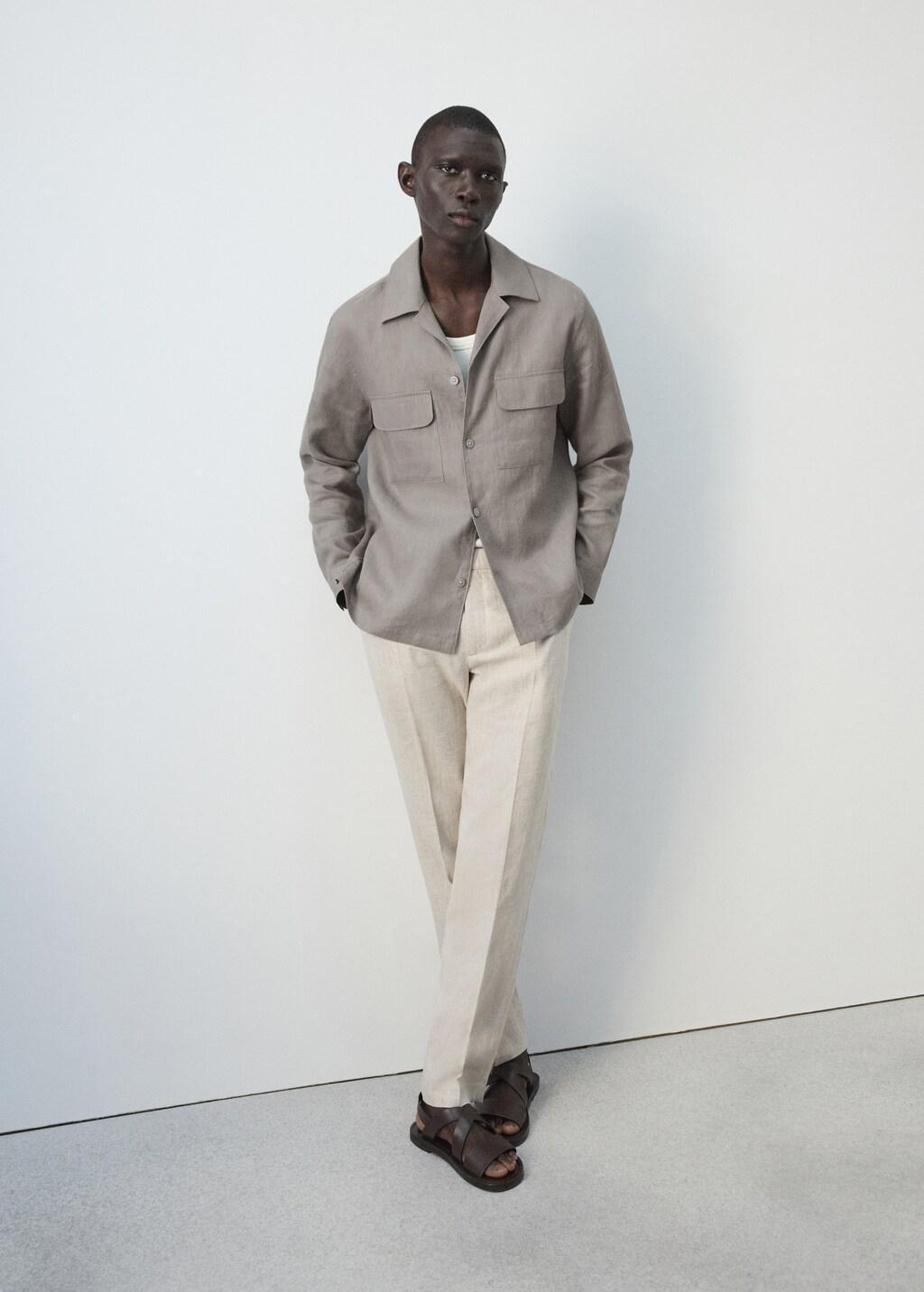 Brown Bowling Collar Overshirt 100% Linen, Medium Brown, large image number 4