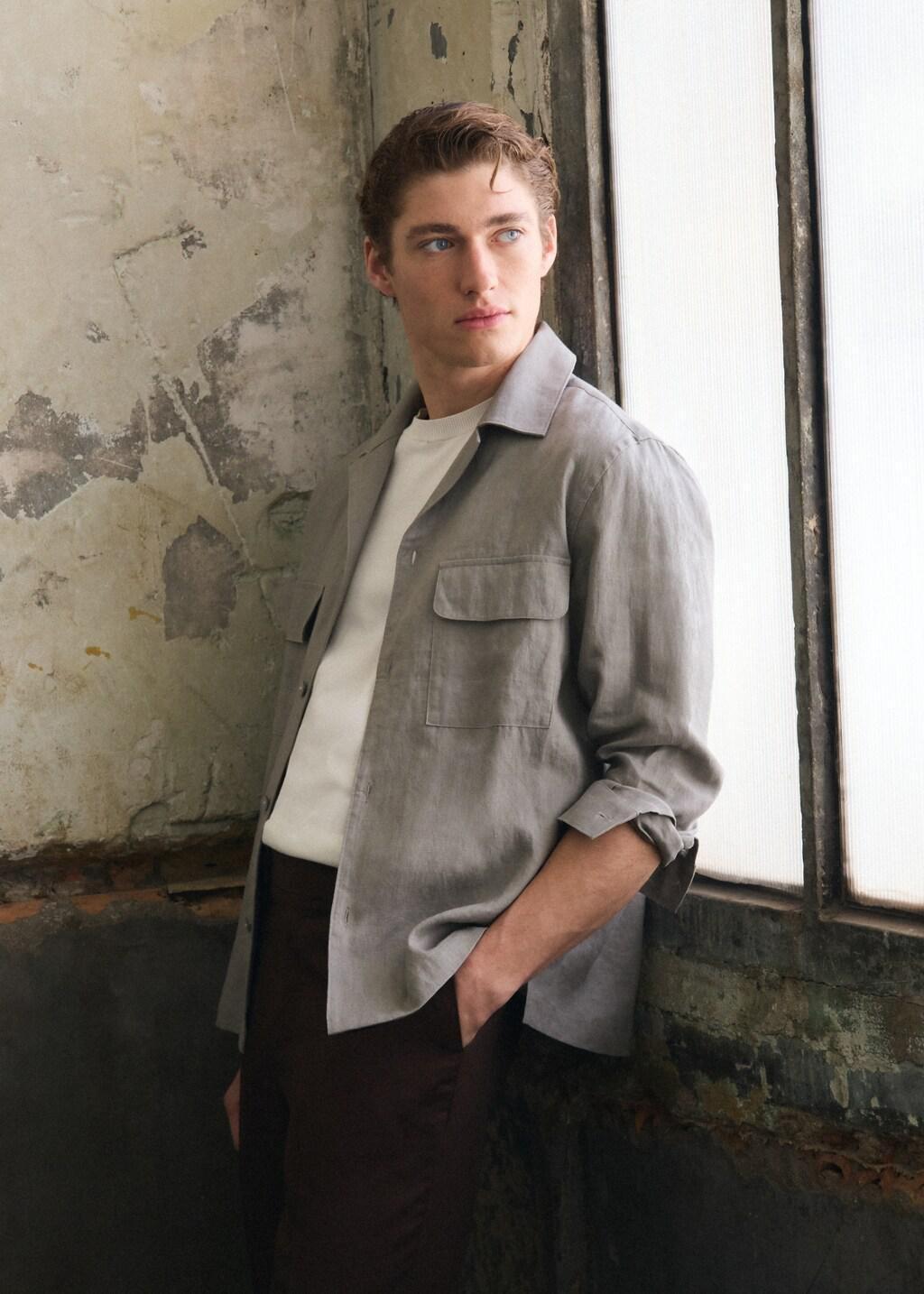 Brown Bowling Collar Overshirt 100% Linen, Medium Brown, large image number 6