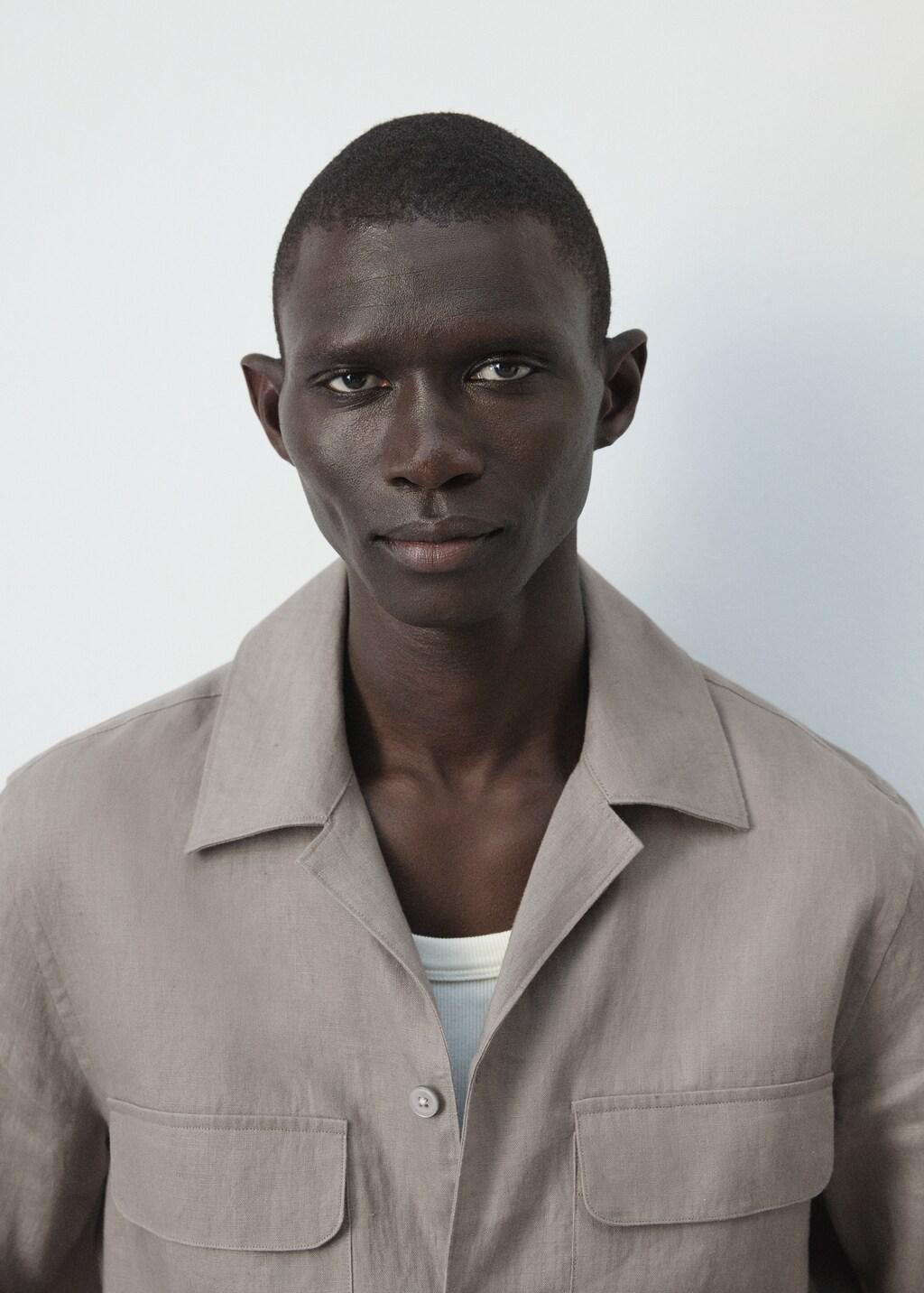 Brown Bowling Collar Overshirt 100% Linen, Medium Brown, large image number 7