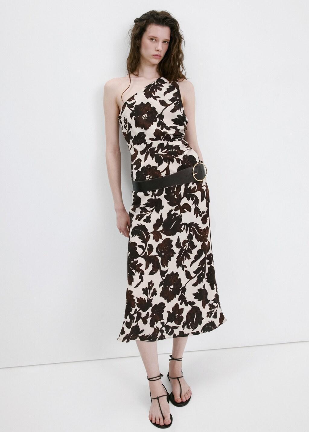 Brown Asymmetrical Floral-Print Dress, 0201_30, large image number 0