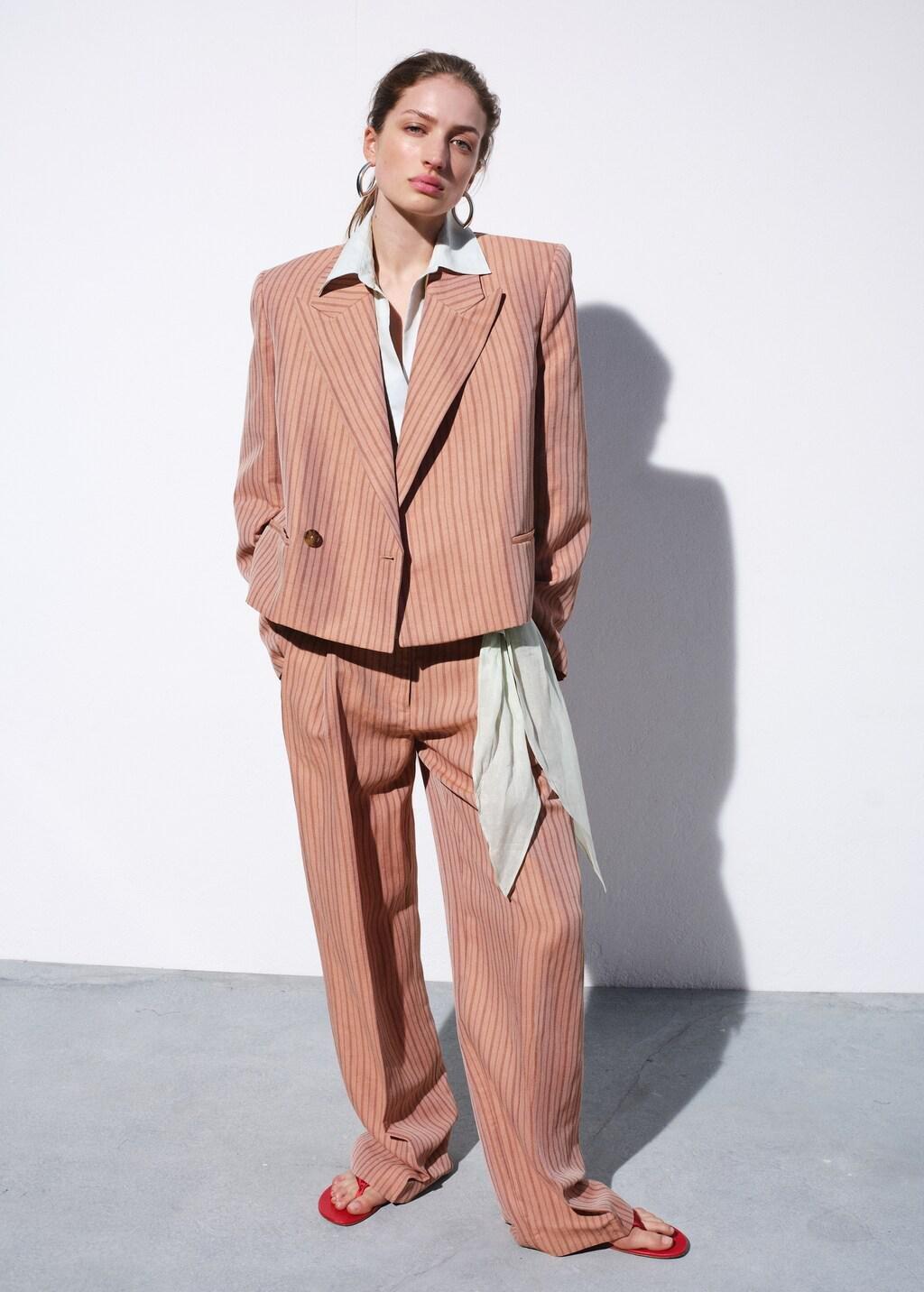Pink Linen Cropped Striped Blazer, 0201_85, large