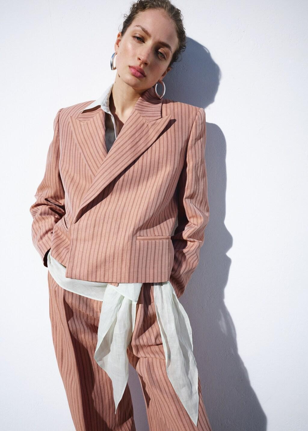 Pink Linen Cropped Striped Blazer, 0201_85, large image number 3