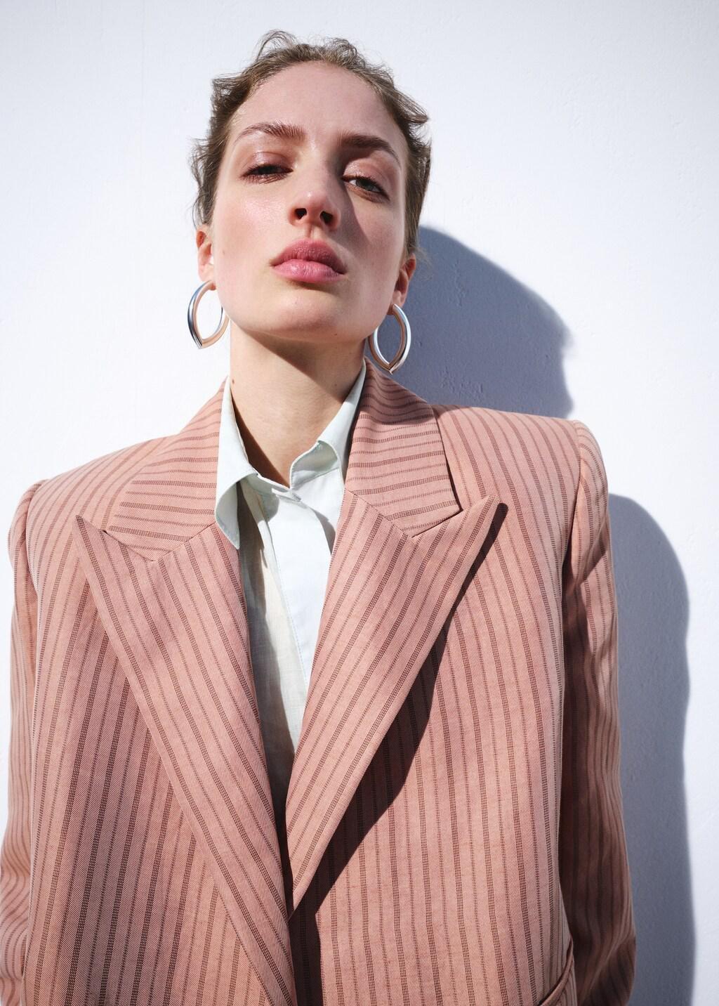 Pink Linen Cropped Striped Blazer, 0201_85, large image number 4