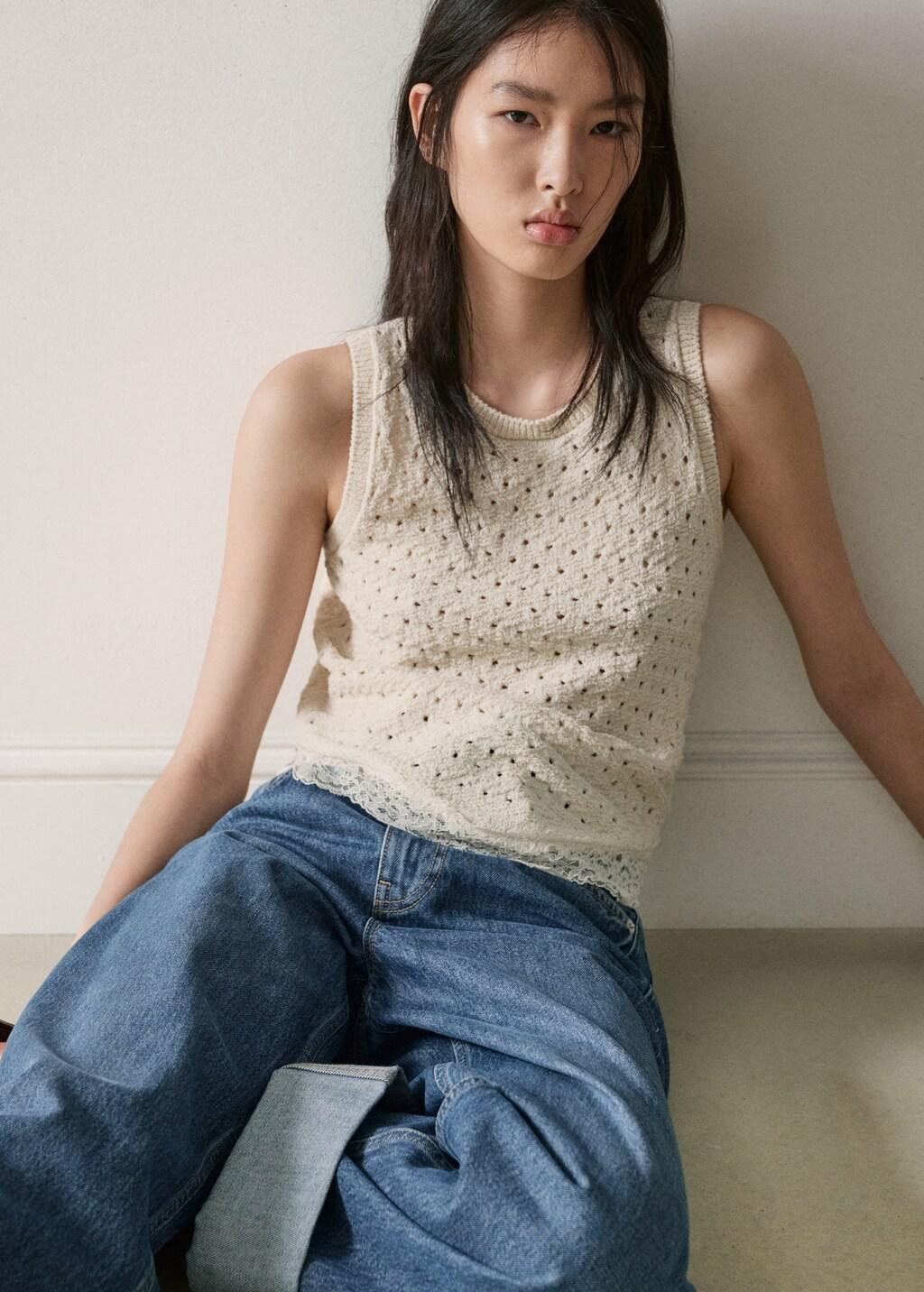 Beige Strappy Top With Lace Details, Light Beige, large image number 3
