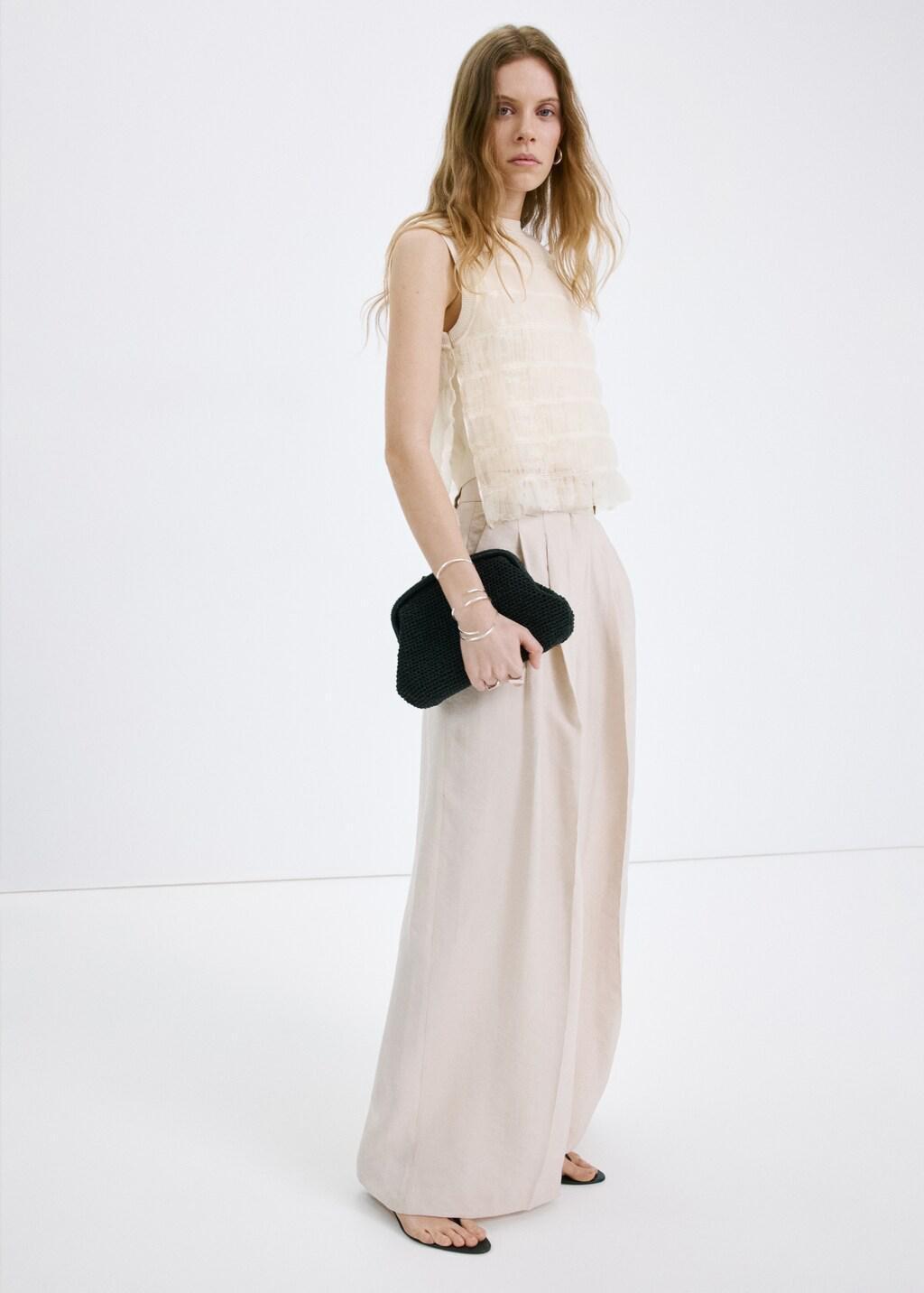 Beige Ruched Mixed Fabric Top, Light Beige, large image number 0