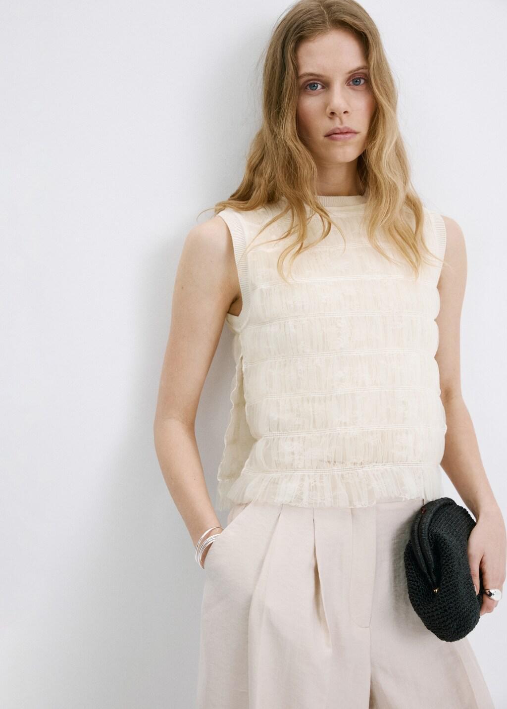 Beige Ruched Mixed Fabric Top, Light Beige, large image number 3