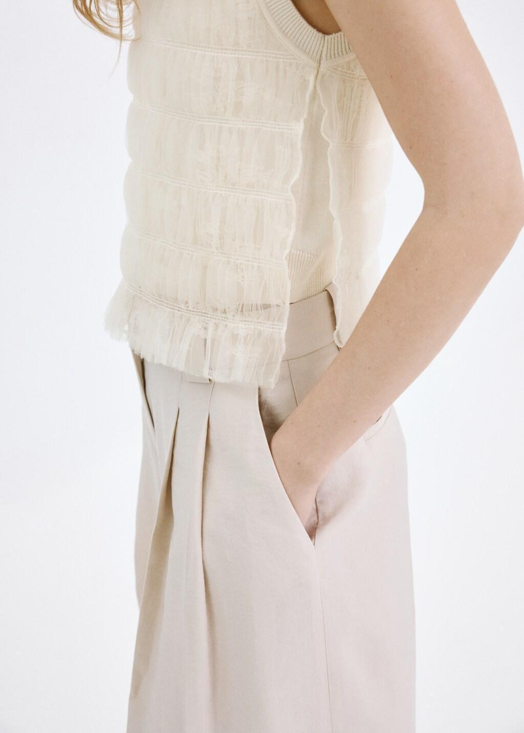 Beige Ruched Mixed Fabric Top, Light Beige, large image number 4