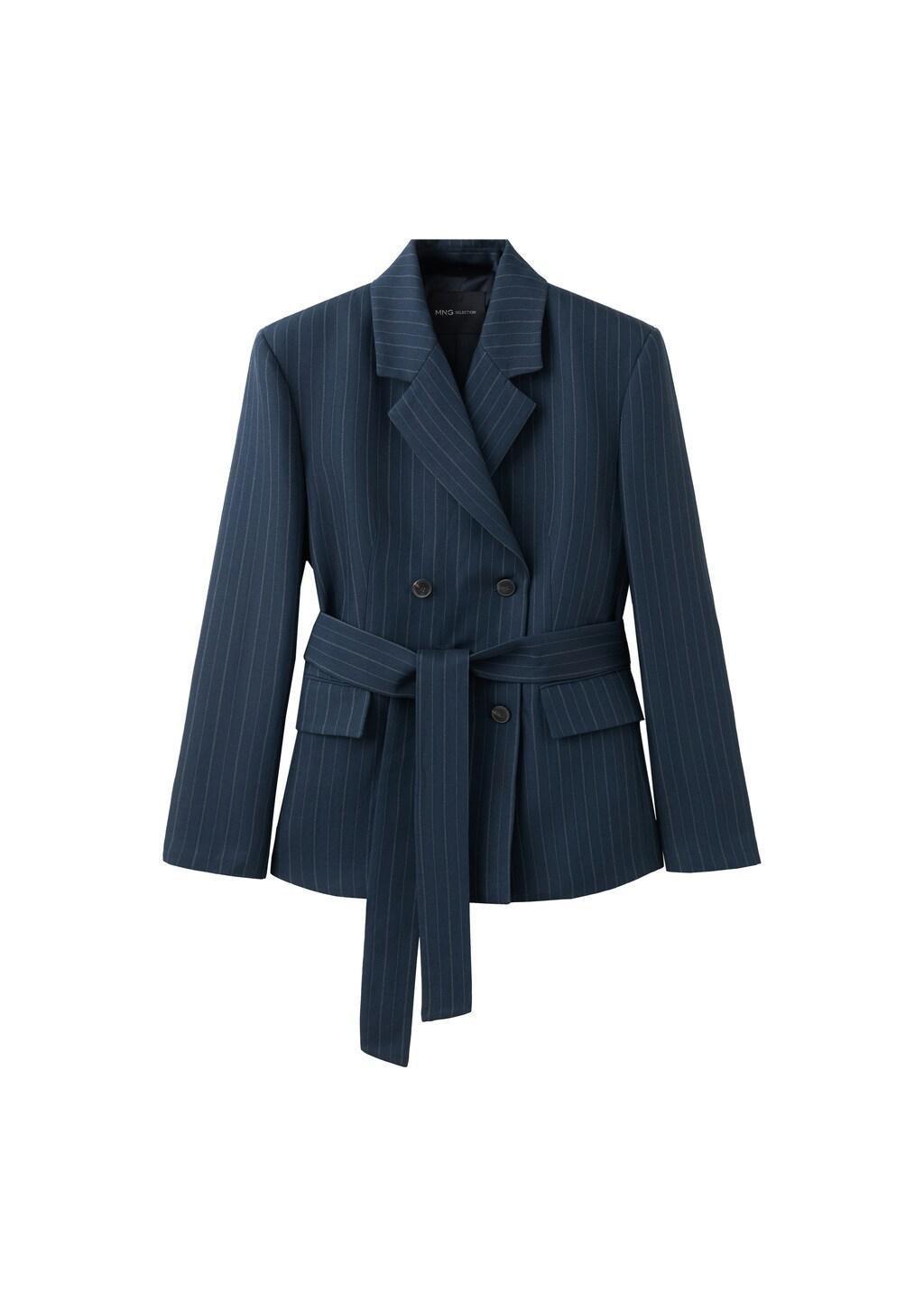 Navy Pinstripe Belted Blazer, Navy, large image number 7