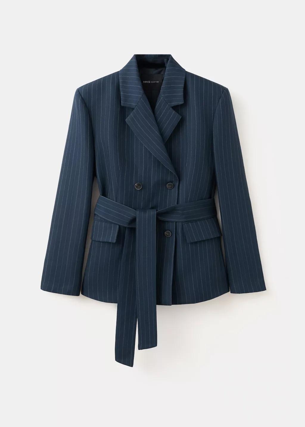 Navy Pinstripe Belted Blazer, Navy, large image number 8
