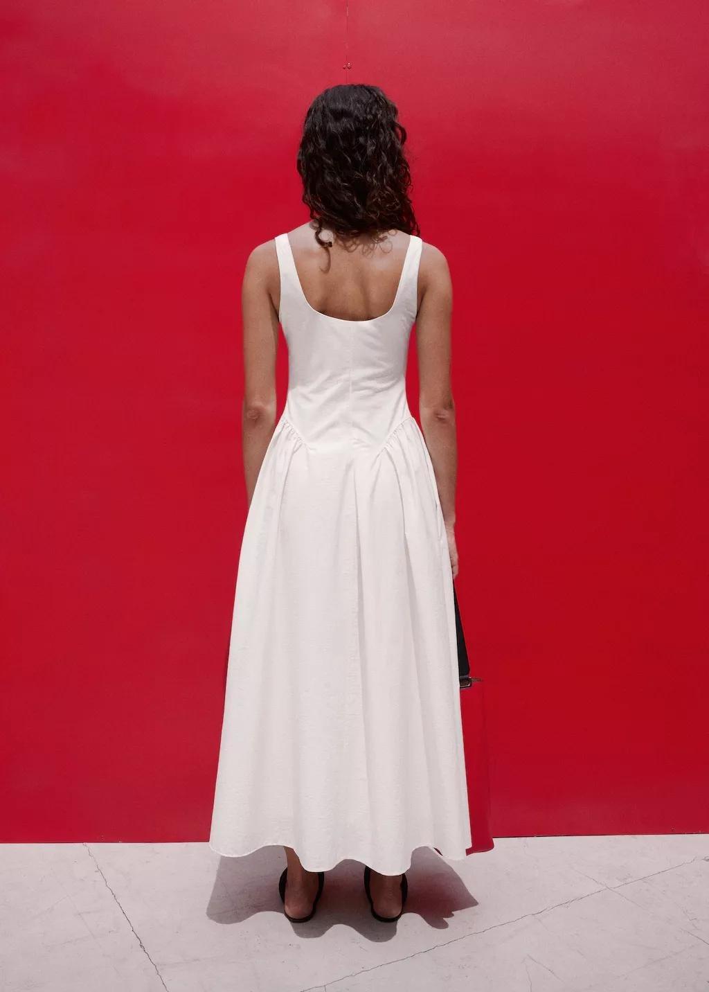 Beige Midi A-Line Dress With Ruching, Light Beige, large image number 2
