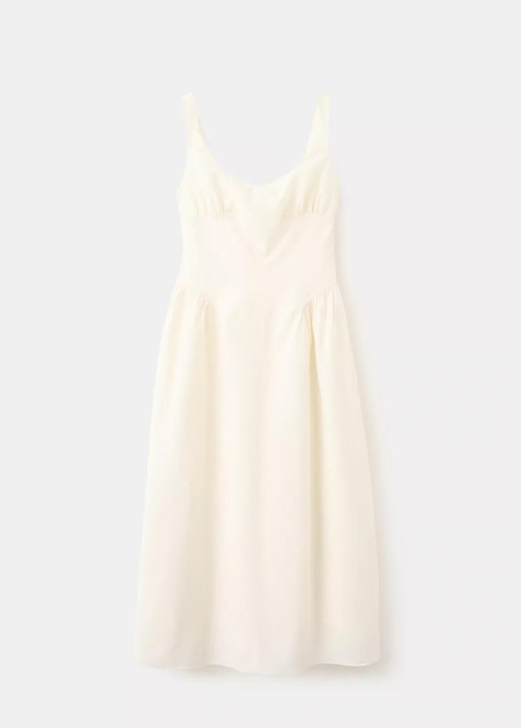 Beige Midi A-Line Dress With Ruching, Light Beige, large image number 8