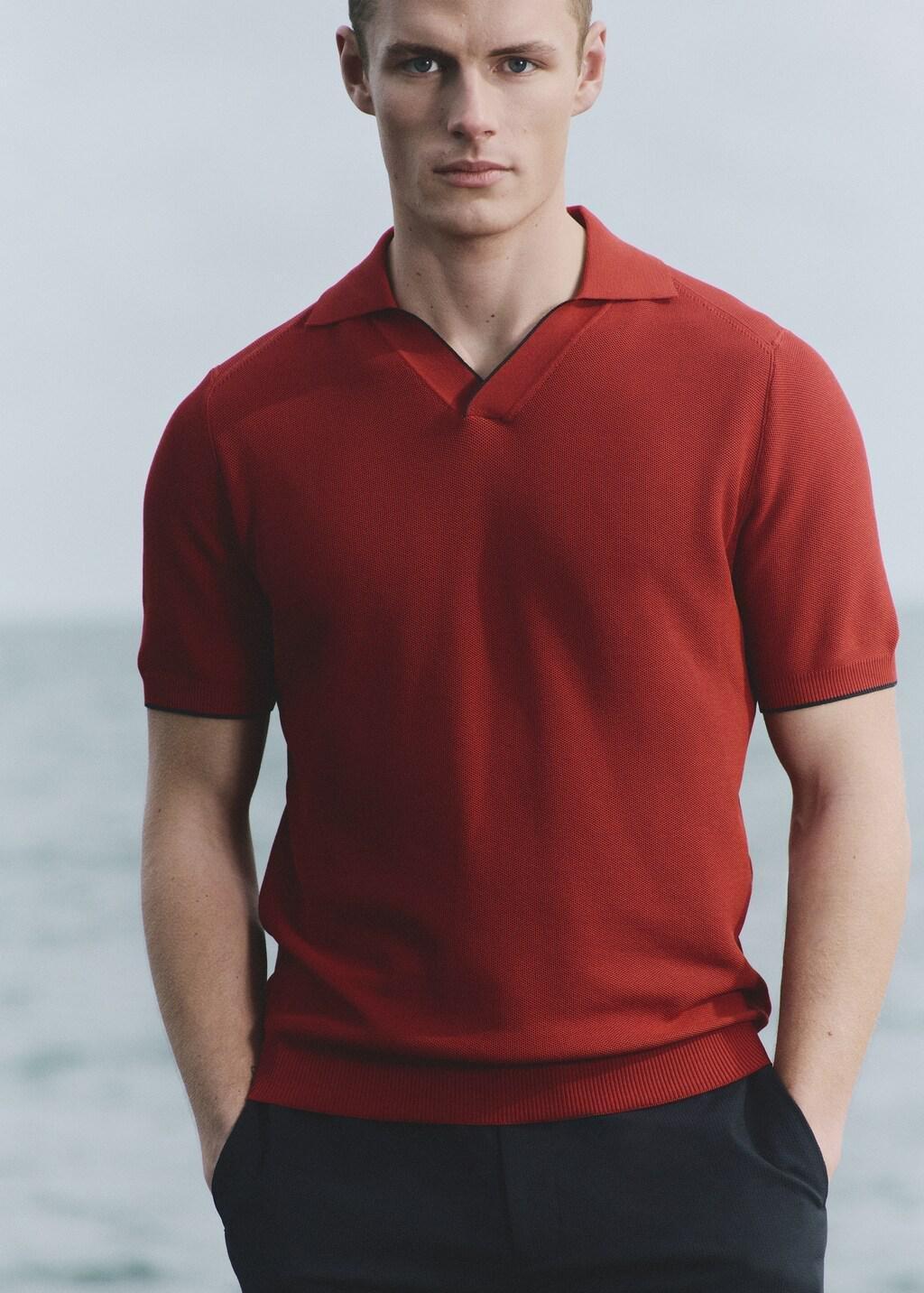 Red Contrasting Knitted Polo Shirt, 0201_70, large image number 6