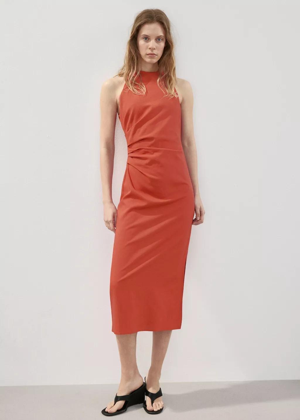 Orange Draped Midi-Dress, Orange, large image number 0