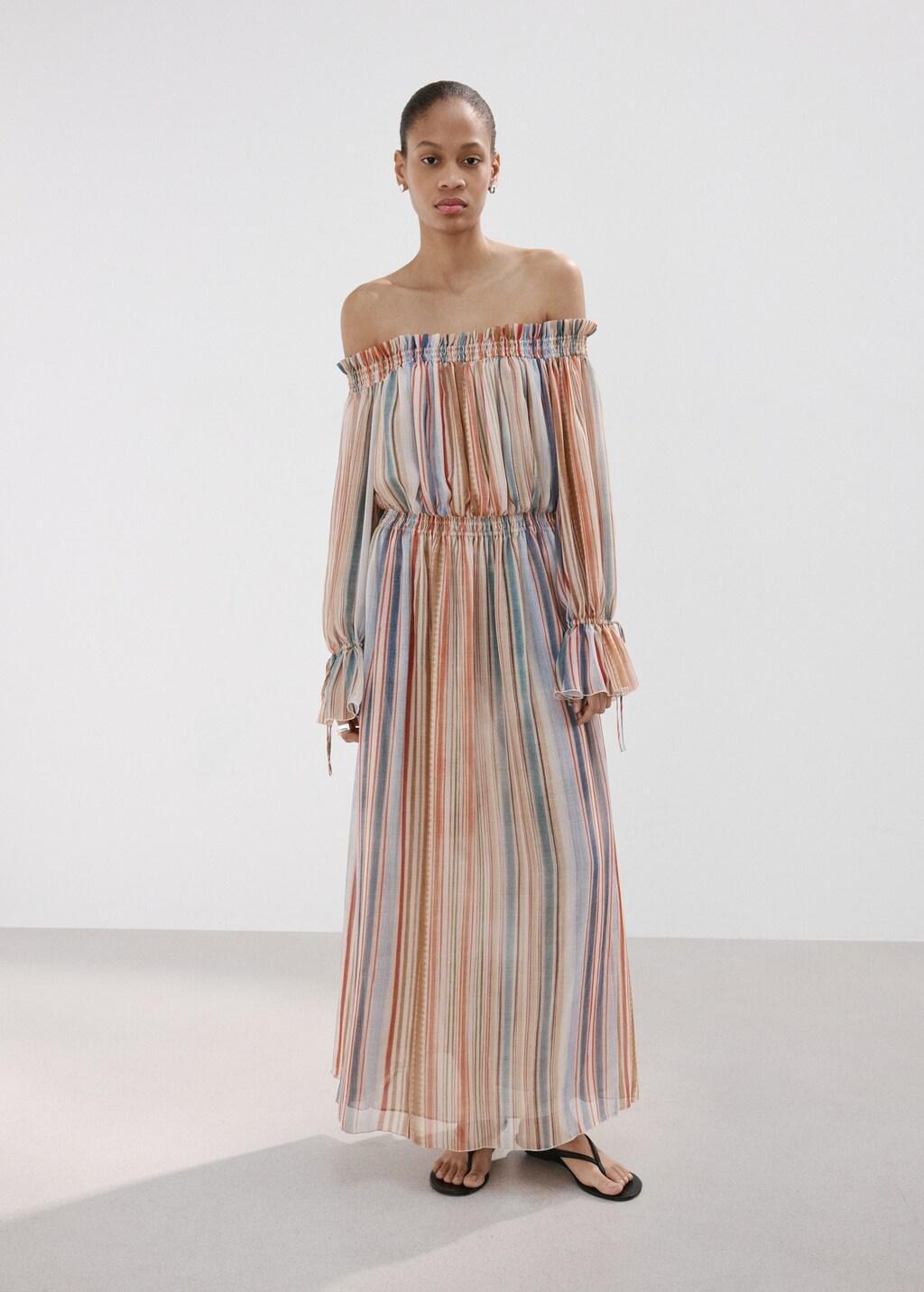 Beige Striped Strapless Dress, Light Beige, large image number 0