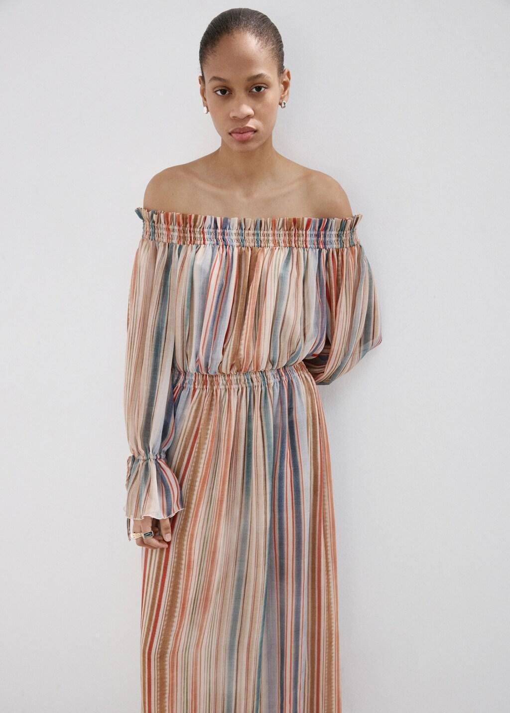Beige Striped Strapless Dress, Light Beige, large image number 3