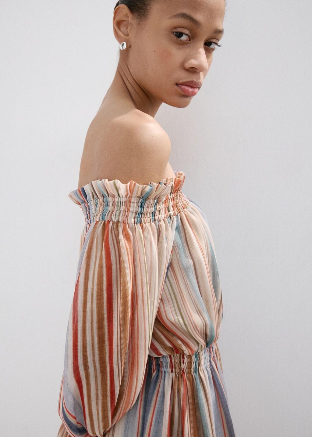Beige Striped Strapless Dress, Light Beige, large image number 4