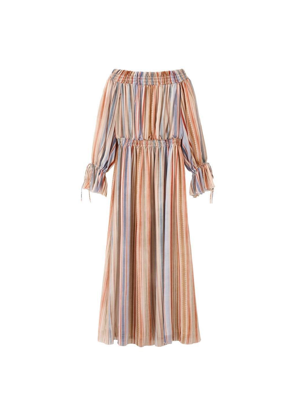 Beige Striped Strapless Dress, Light Beige, large image number 6
