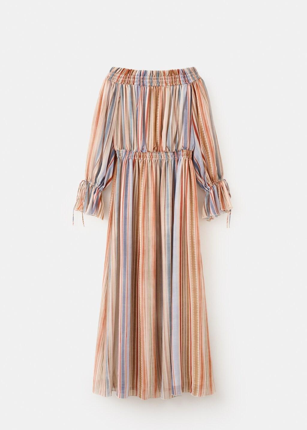 Beige Striped Strapless Dress, Light Beige, large image number 7