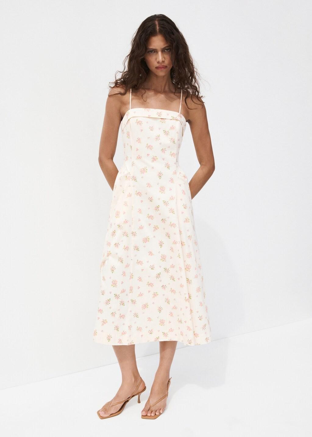 Beige Floral-Print Flared Dress, Light Beige, large image number 0