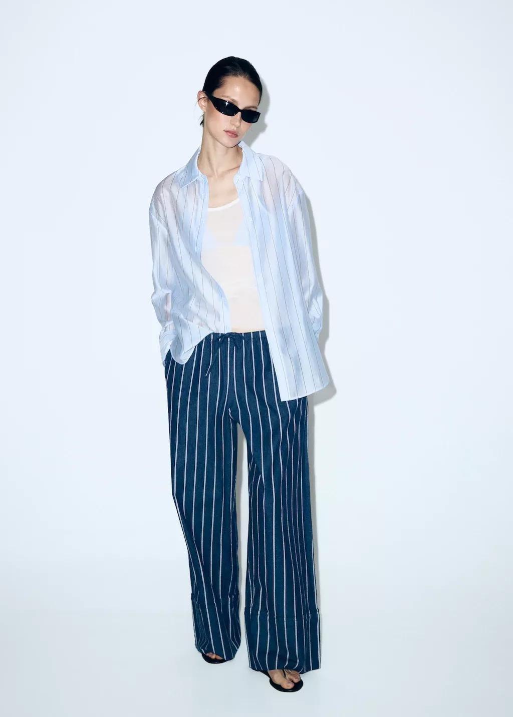 Blue Turn-Up Hem Striped Trousers, Open Blue, large image number 0