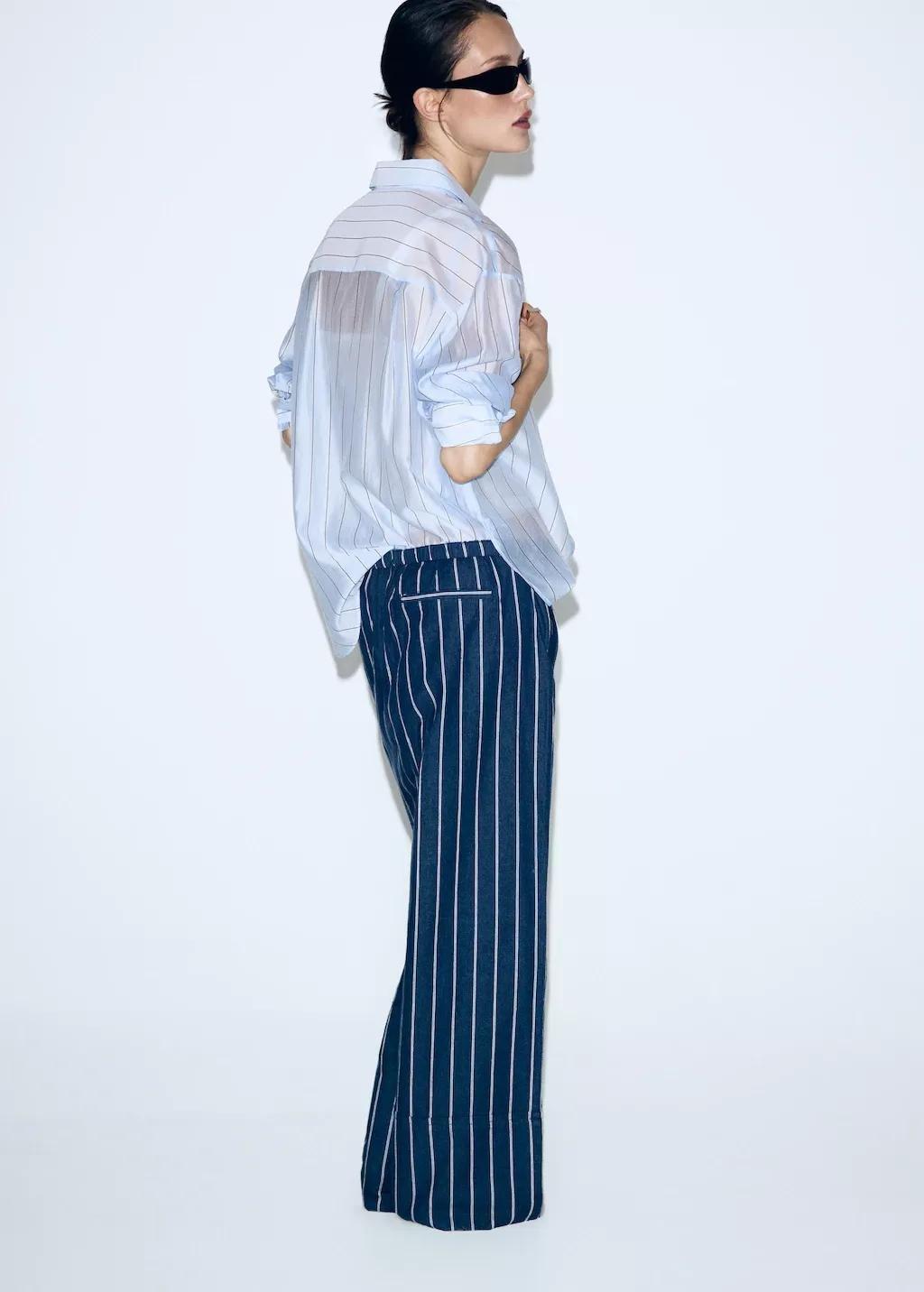 Blue Turn-Up Hem Striped Trousers, Open Blue, large image number 2