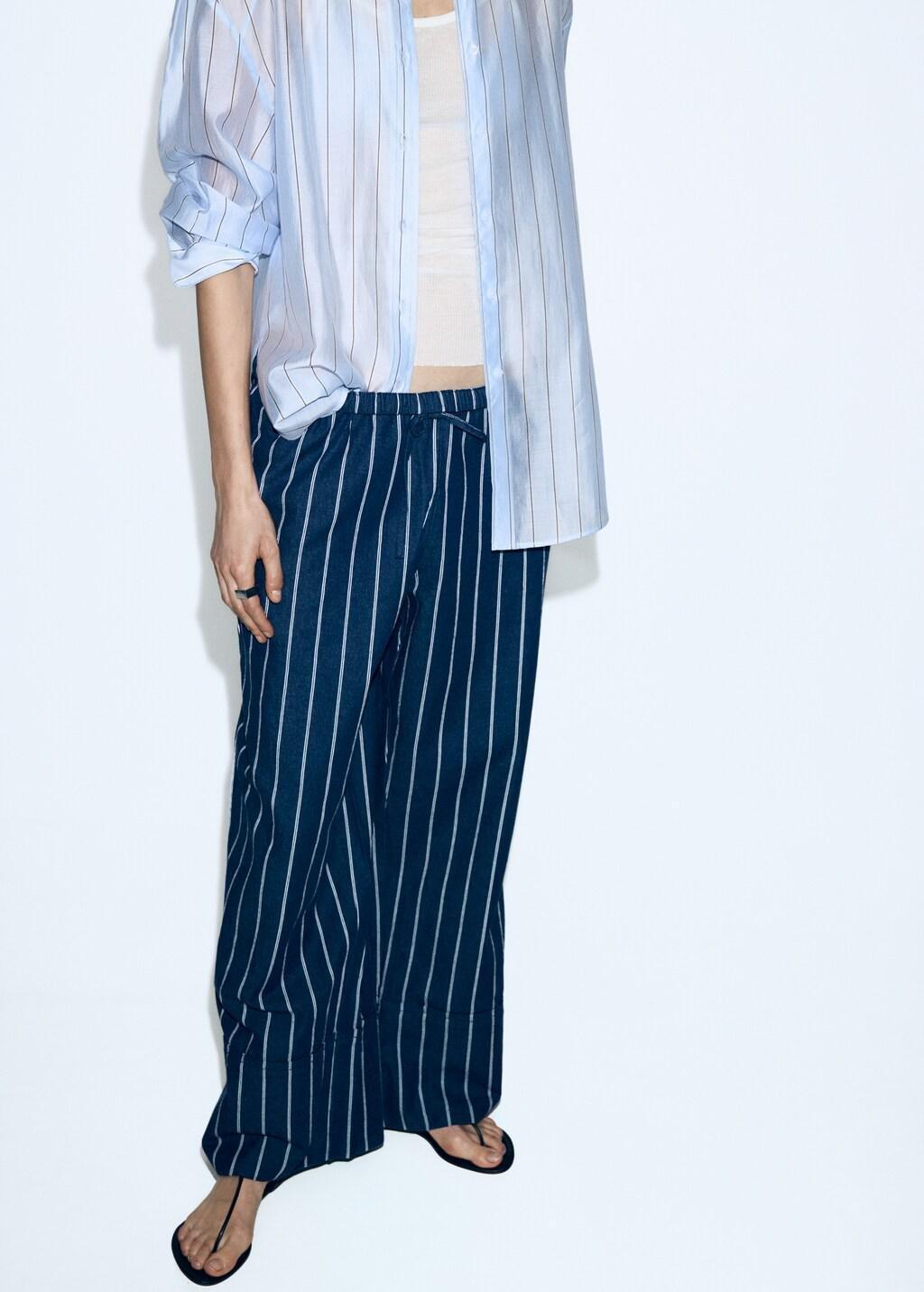 Blue Turn-Up Hem Striped Trousers, Open Blue, large image number 3