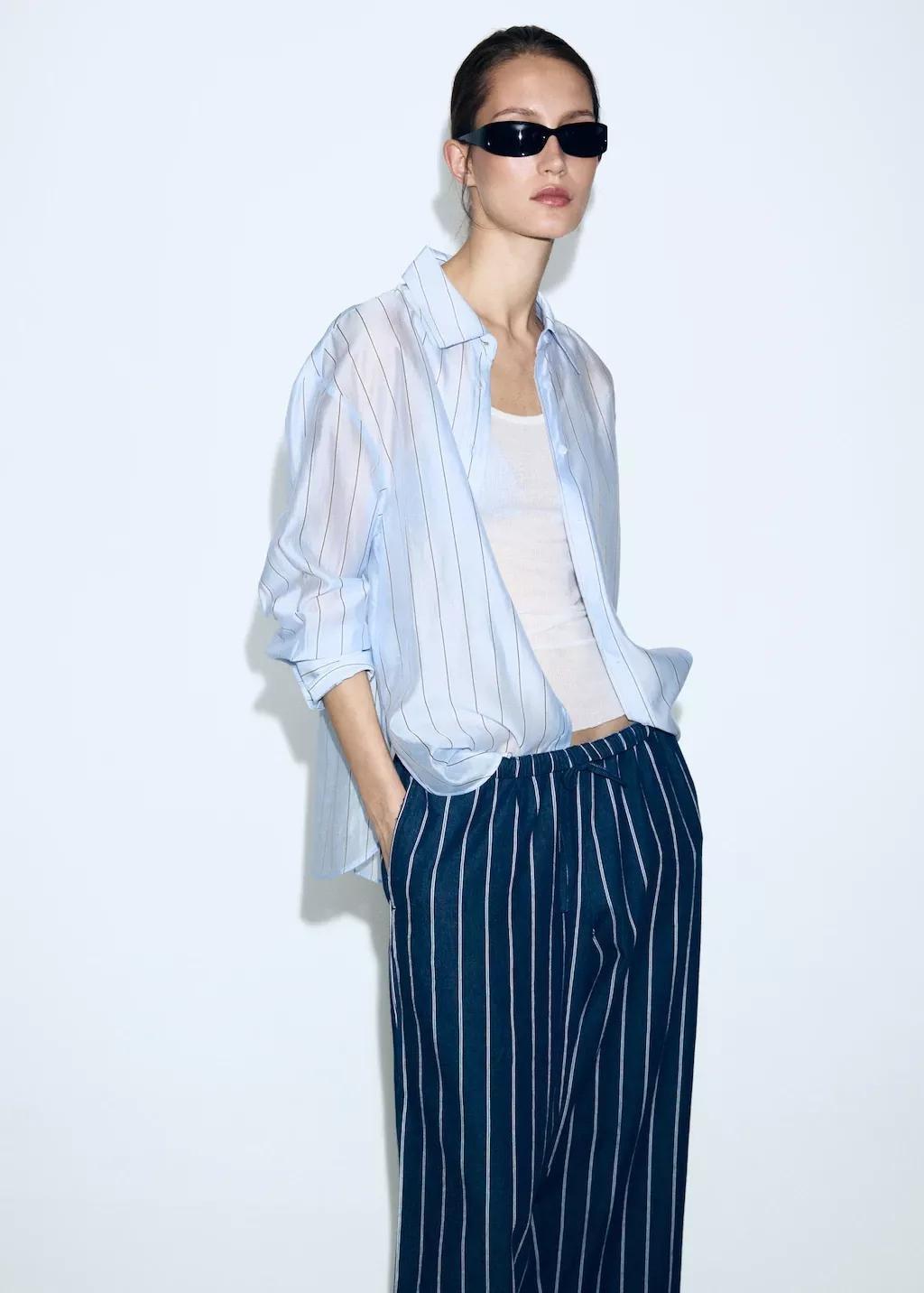 Blue Turn-Up Hem Striped Trousers, Open Blue, large image number 4
