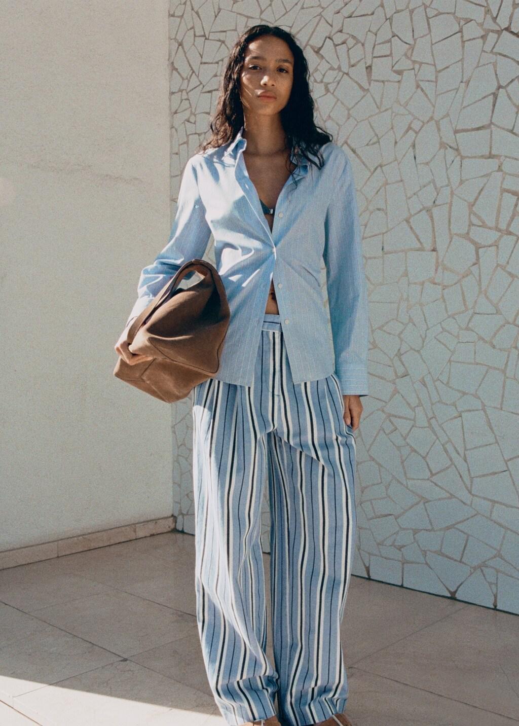 Blue Wide Leg Striped Jeans, Light-Pastel Blue, large image number 0