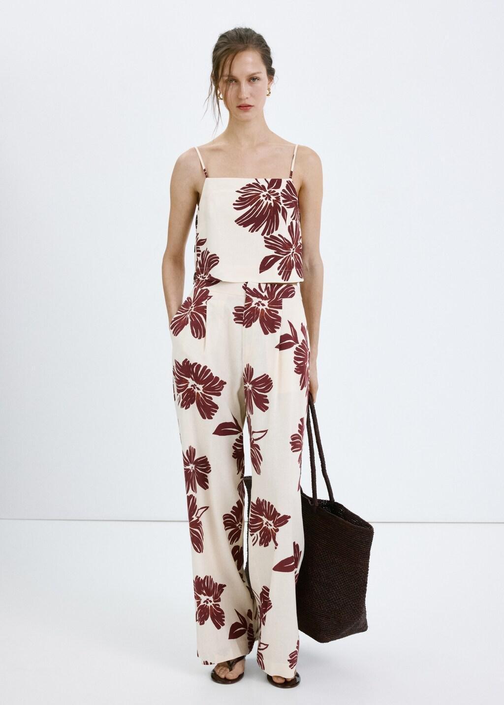 Beige Floral Print Spaghetti Strap Top, Light Beige, large image number 0