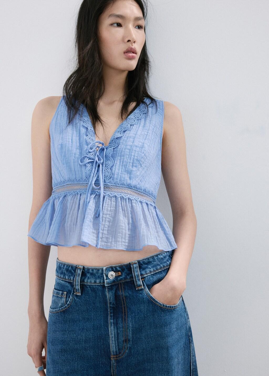 Blue Lt Pastel Lyocell Top With Contrasting Trim, 0201_50, large image number 3