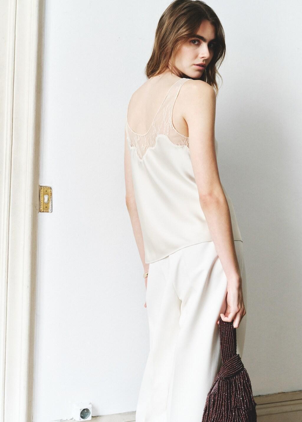 LIGHT BEIGE Satin lace top, 0201_05, large image number 2