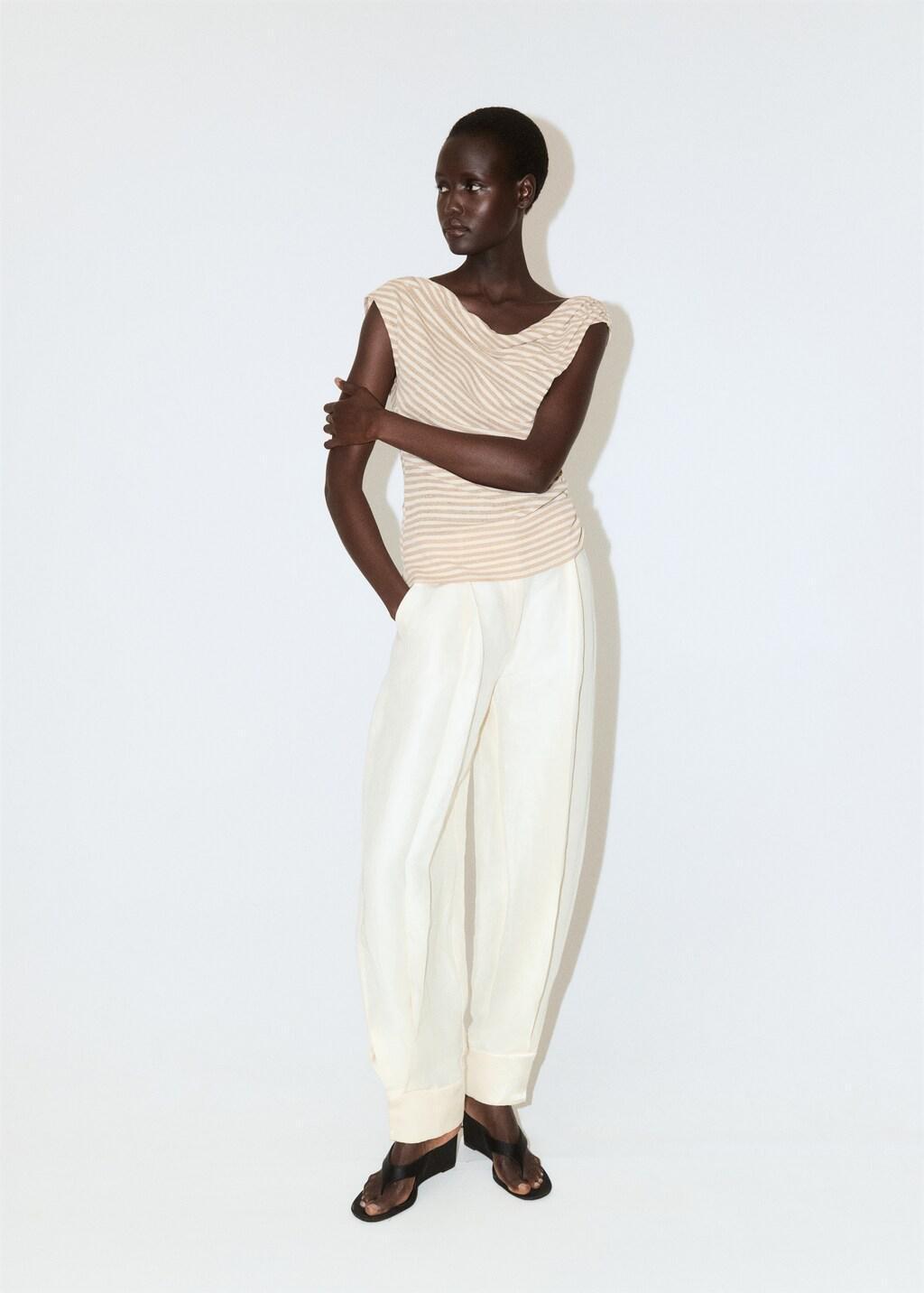 Beige Draped Striped T-Shirt, Light Beige, large image number 0