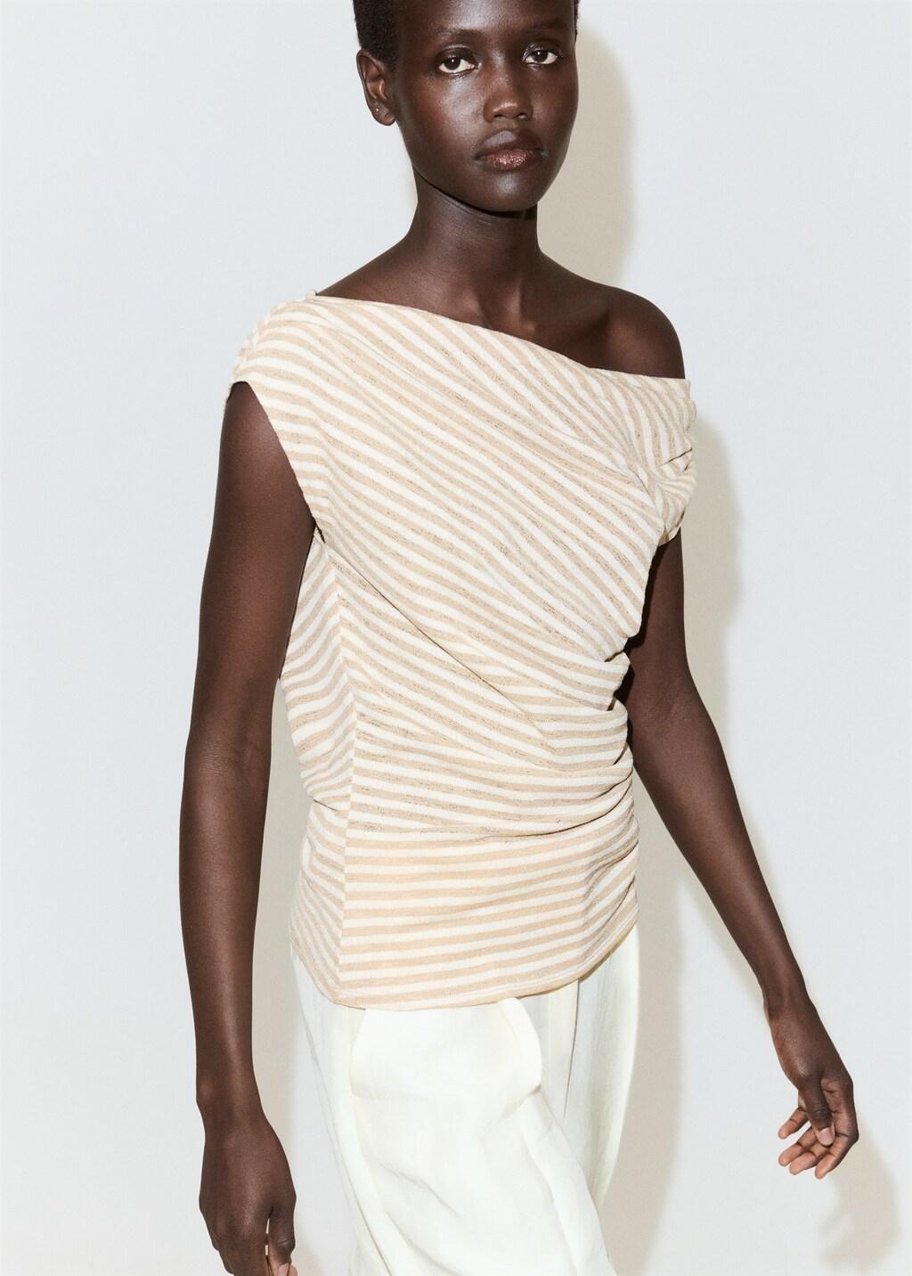 Beige Draped Striped T-Shirt, Light Beige, large image number 3
