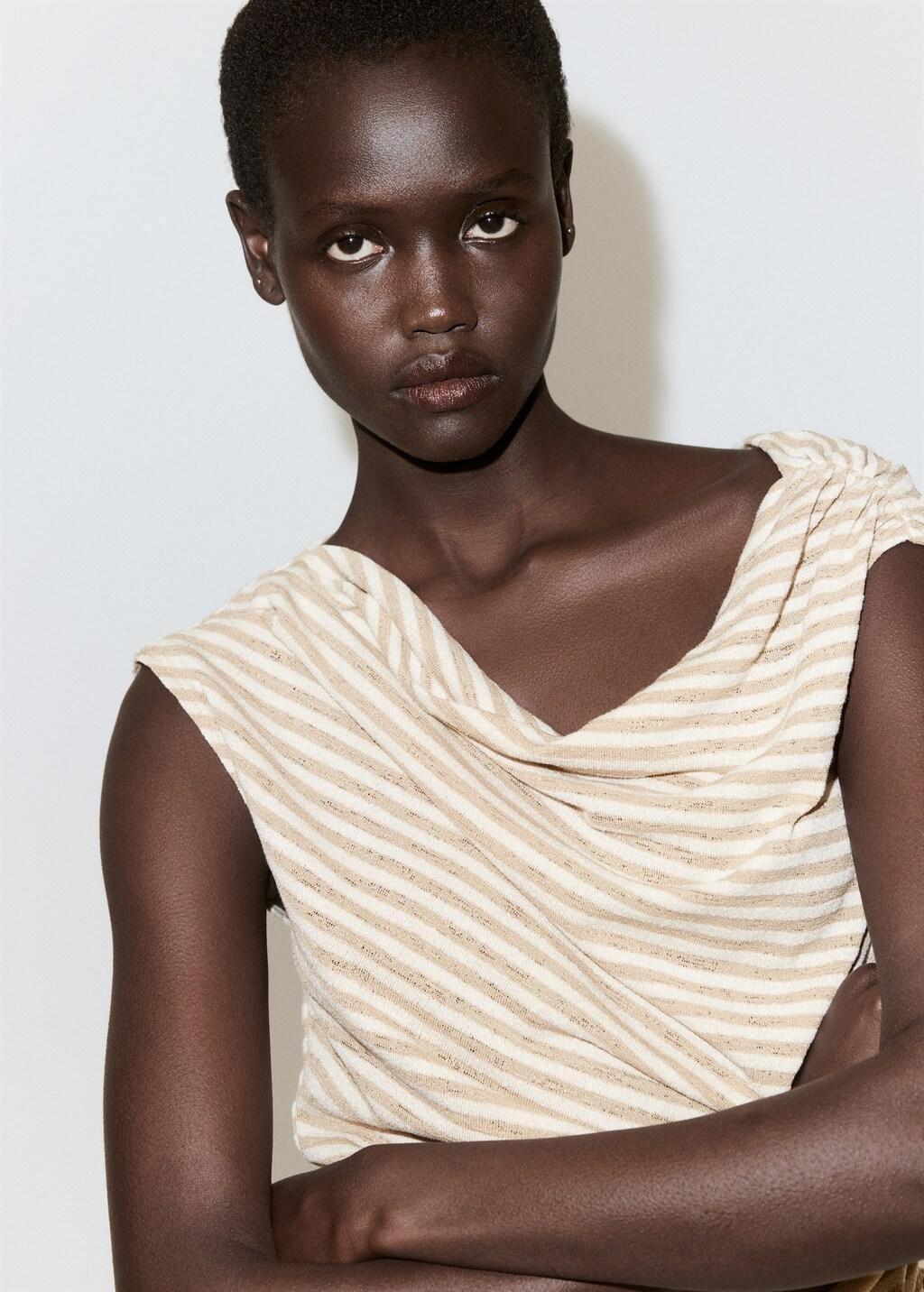 Beige Draped Striped T-Shirt, Light Beige, large image number 4