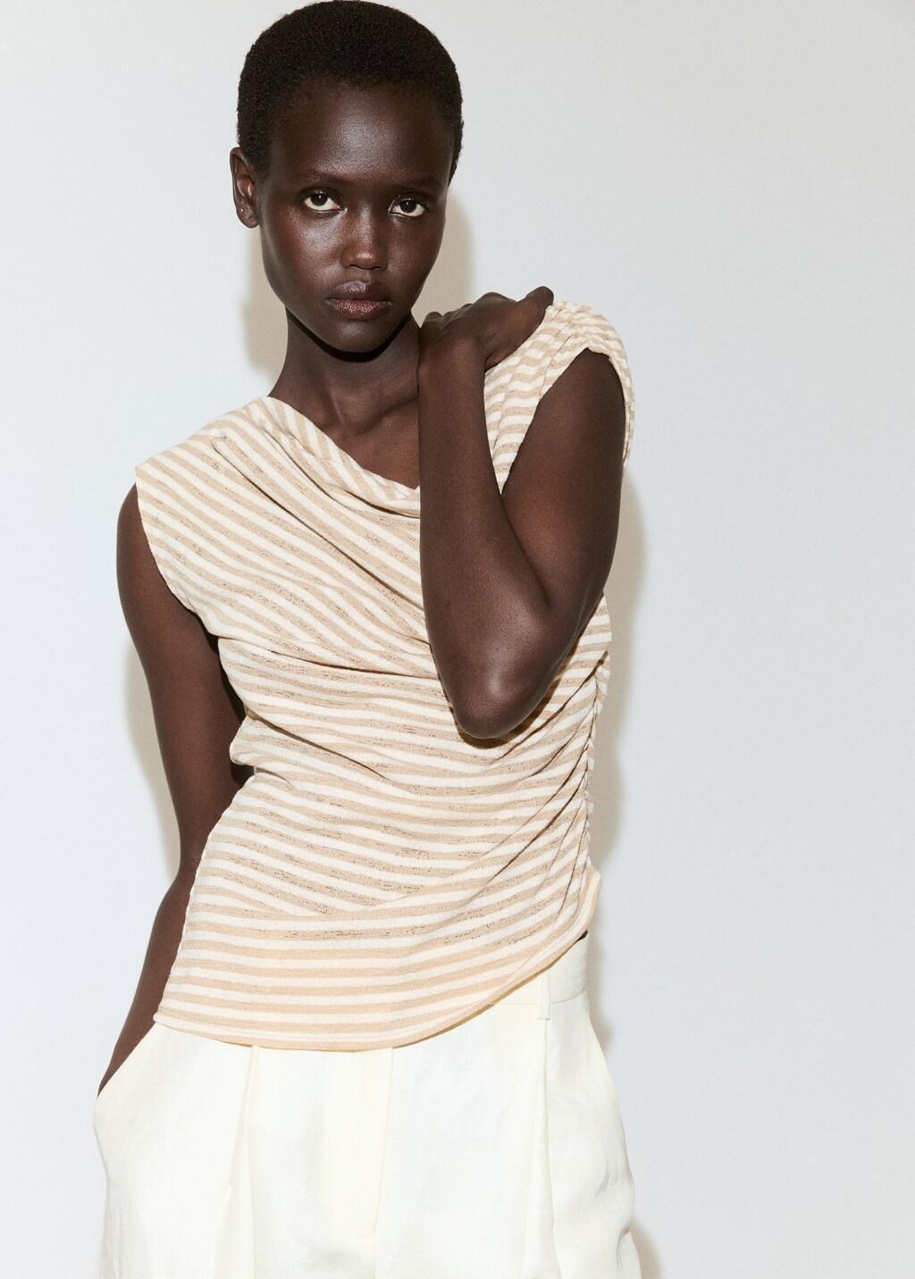 Beige Draped Striped T-Shirt, Light Beige, large image number 6
