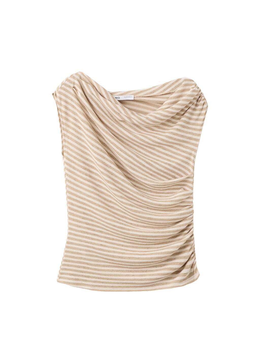 Beige Draped Striped T-Shirt, Light Beige, large image number 7