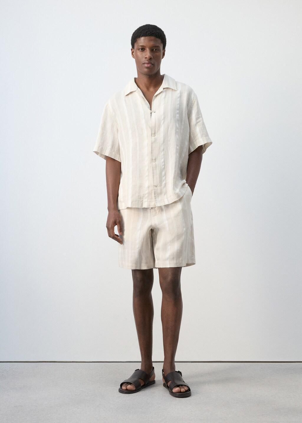 Beige Striped Linen-Blend Bermuda Shorts, Light Beige, large image number 0